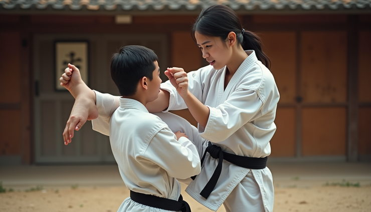 High angle view of a karate practitioner demonstrating a high block and front punch in Pinan Yodan