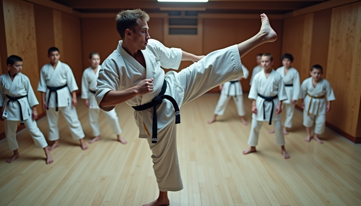 High angle view of a karate student practicing side kicks during a training session