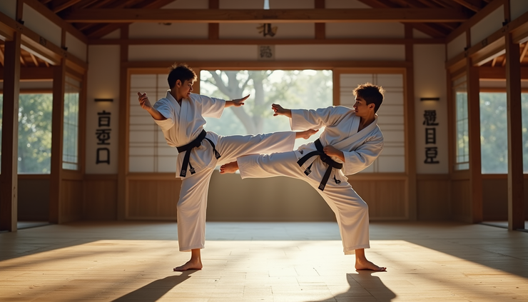 Eye-level view of a karate student practicing a front kick in a dojo