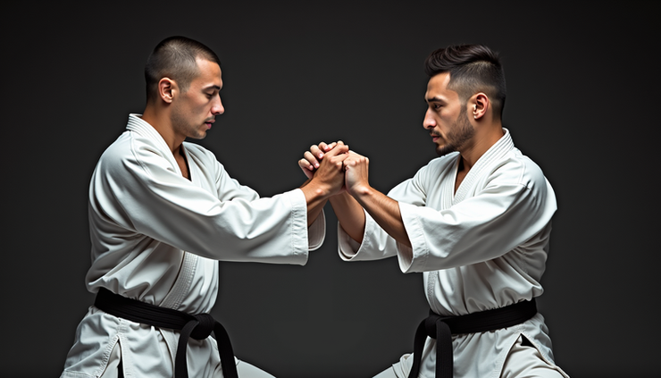 Close-up view of a martial artist applying a wrist lock during Karate and Ju Jitsu combined training