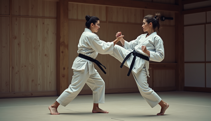 Eye-level view of a martial artist practicing a Ju Jitsu throw during Karate training