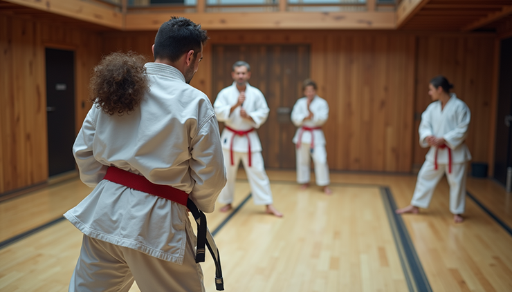 High angle view of a family practicing karate moves together in a dojo