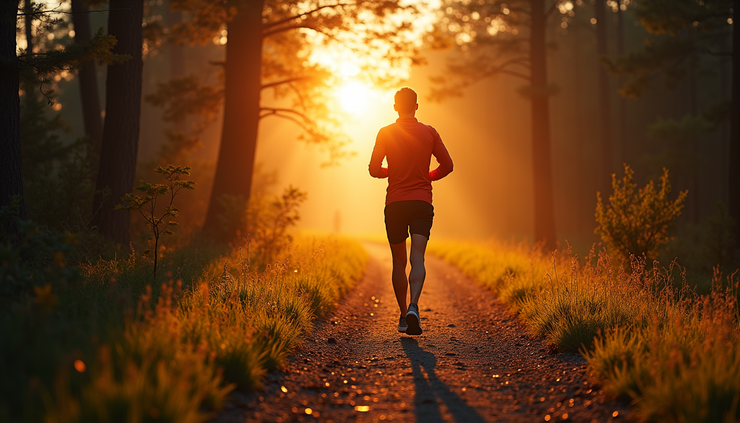 Eye-level view of a person jogging on a forest trail during sunrise
