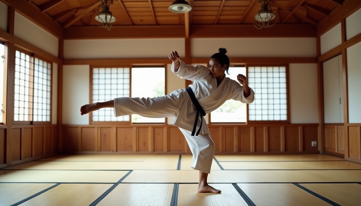 Eye-level view of a karateka performing a high kick in a dojo