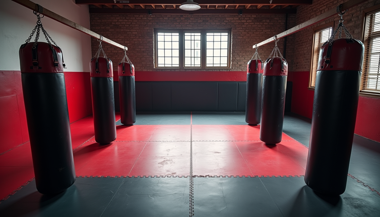 High angle view of a training area with martial arts equipment focused on self-defense practice