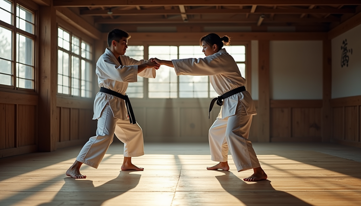 High angle view of a karate practitioner executing a powerful strike in Pinan Godan kata