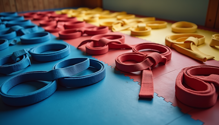 High angle view of karate dojo floor with colored belts lined up in order