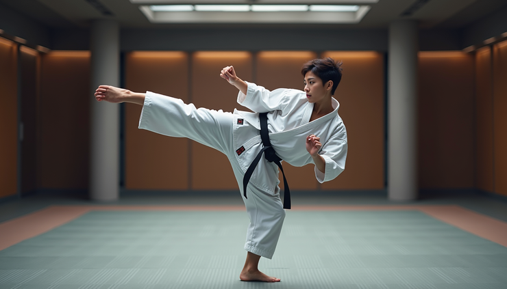 Close-up view of a karateka performing a precise front kick on a training mat