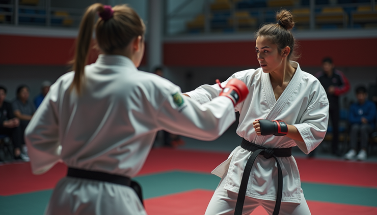 Eye-level view of a karate competitor delivering a controlled punch during a point tournament