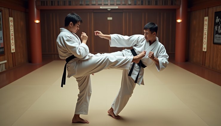 High angle view of a karate practitioner performing a turning block in a dojo