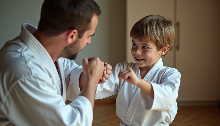 Close-up view of a karate instructor demonstrating a punch to a young student