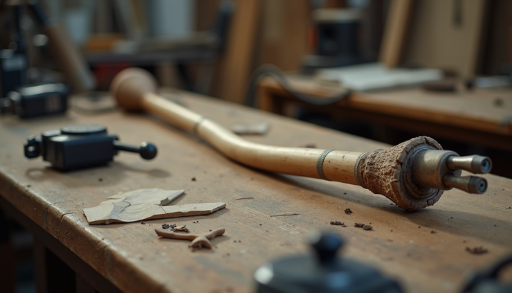 High angle view of a Bo staff with technological modifications on a workbench