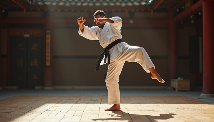 High angle view of karateka practicing kata with horse stance in a training hall