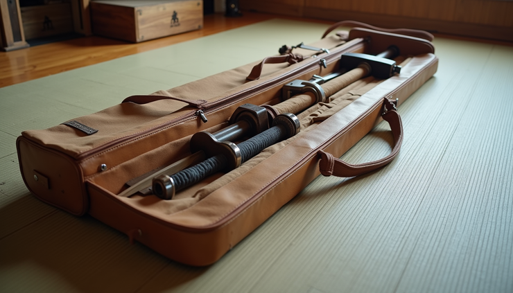 High angle view of a karate wooden sword bag with multiple compartments laid out on a training mat