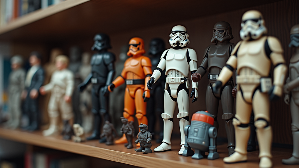 Eye-level view of a vintage Star Wars action figure collection