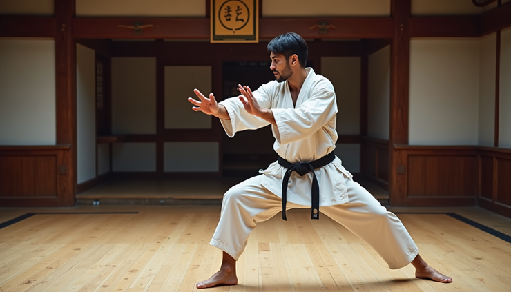 Eye-level view of a karate practitioner performing a precise Pinan Godan kata stance