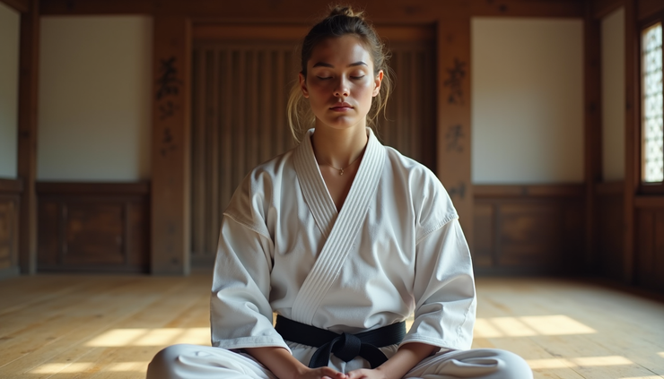 Eye-level view of a karate practitioner seated in meditation posture on a dojo floor