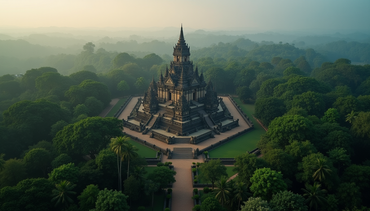 High angle view of a sprawling ancient temple complex surrounded by dense forest