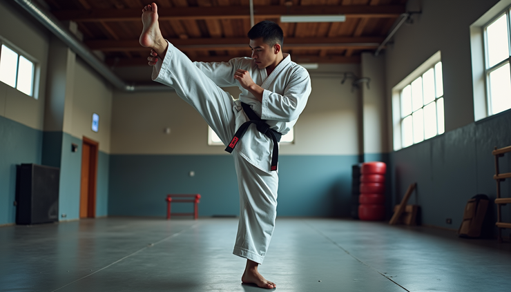 High angle view of a mixed martial artist practicing karate footwork drills