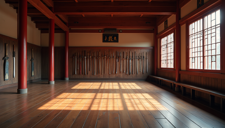 Eye-level view of a traditional Chinese martial arts training hall with wooden floors and weapons displayed
