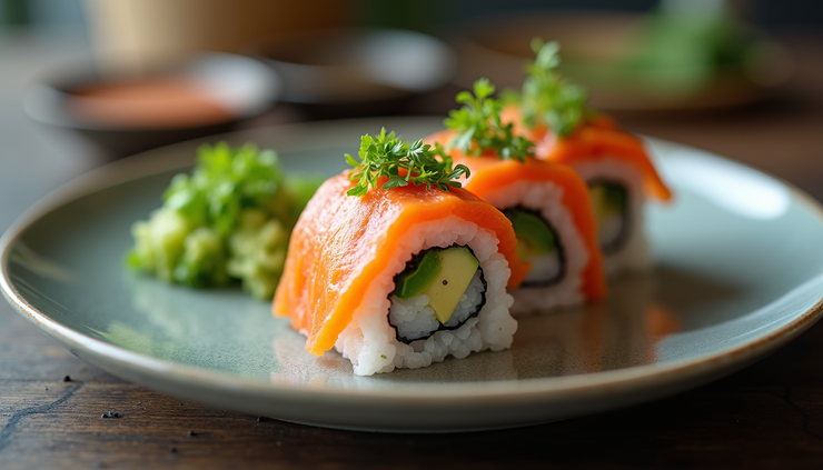 Close-up view of a sushi roll with avocado and fresh fish on a ceramic plate