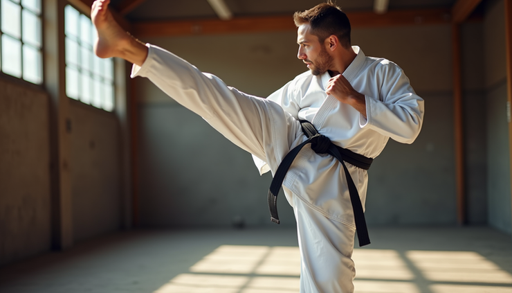 Close-up view of a karate practitioner executing a precise front kick during training