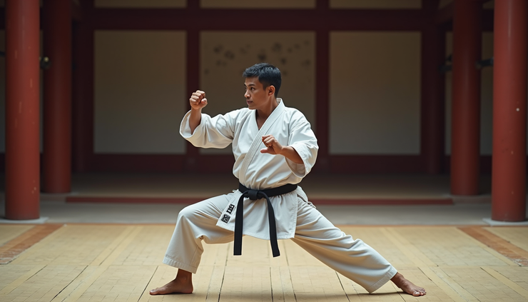 Eye-level view of a karate practitioner performing a low block stance in a dojo