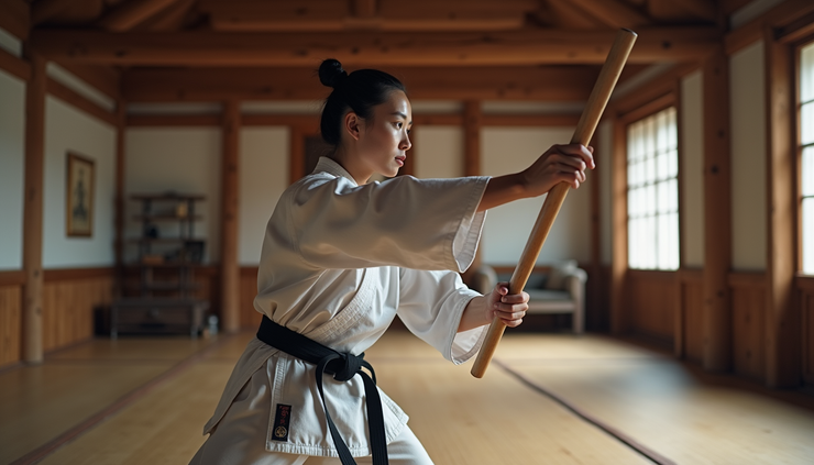 Close-up view of a karate practitioner performing a bo staff strike in a dojo