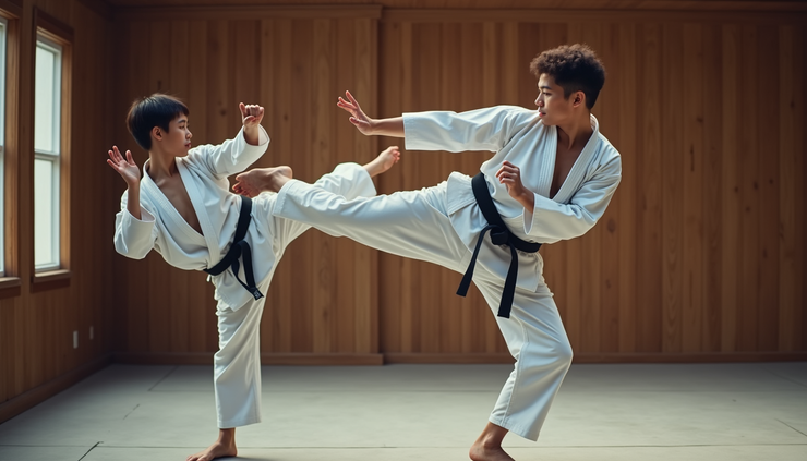 Close-up view of a karateka performing front kicks during warm up