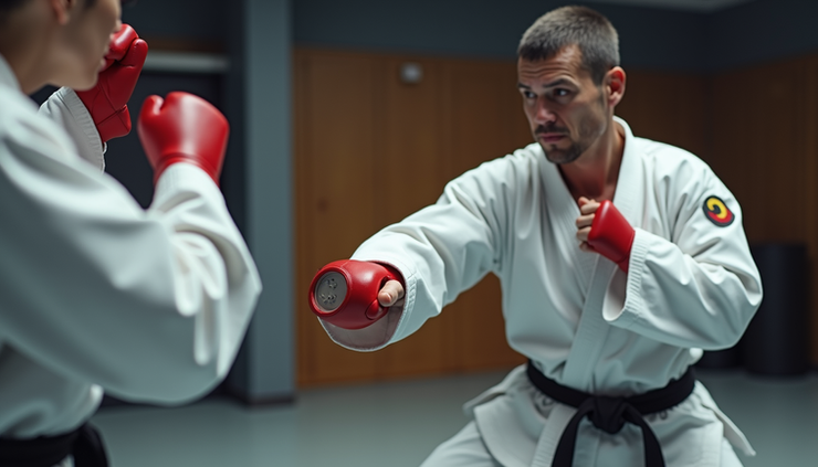 Close-up view of a karateka wearing motion capture sensors practicing a punch