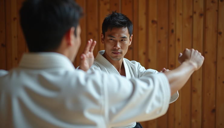 Eye-level view of karate practitioner delivering a precise jab punch