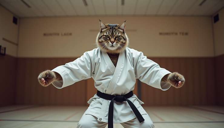 High angle view of martial artist practicing Karate Cat Stance with extended arms