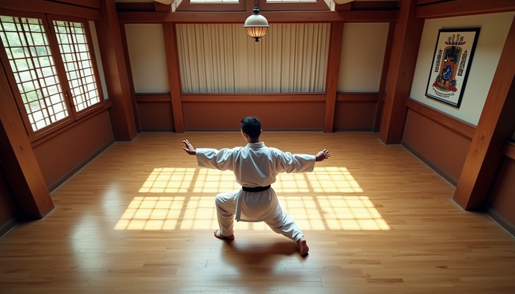 High angle view of a karate dojo with a single student practicing kata