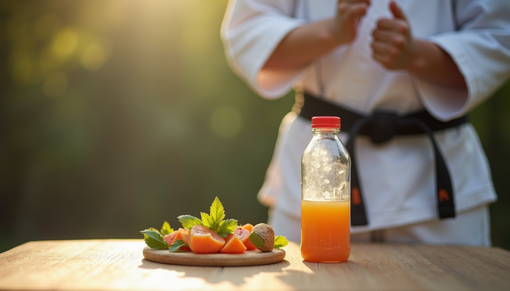 Close-up view of water bottle and healthy snack on a wooden bench in a dojo