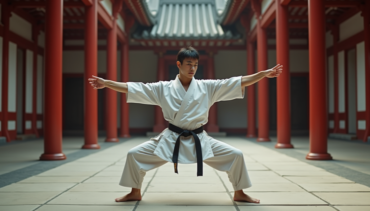 Eye-level view of a karateka performing gentle stretching on a dojo floor