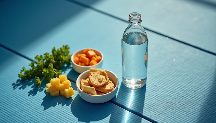 High angle view of a water bottle and healthy snacks on a karate mat