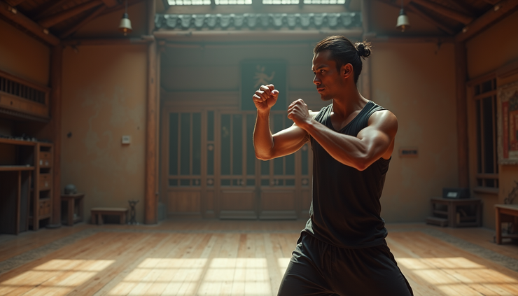Eye-level view of a martial artist practicing Jeet Kune Do stance in a training hall