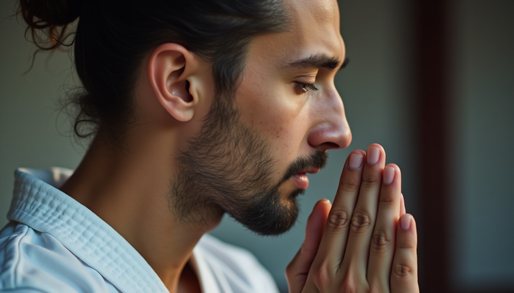 Close-up of a karateka performing deep breathing exercises during cooldown
