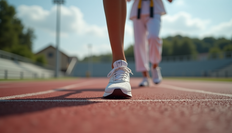 Close-up of running shoes on a track with karate gi in the background