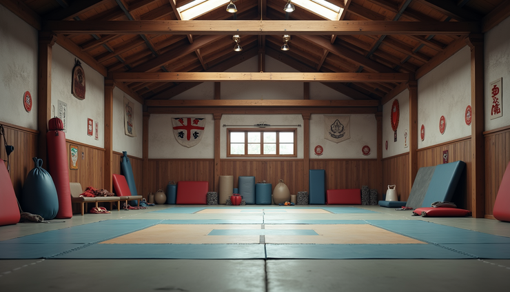 Eye-level view of a martial arts dojo with training mats and equipment