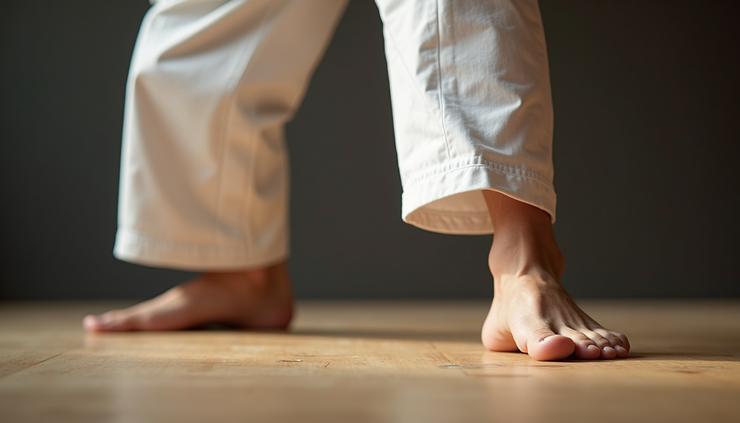 Close-up view of a karateka’s feet demonstrating stance transitions in Pinan Shodan