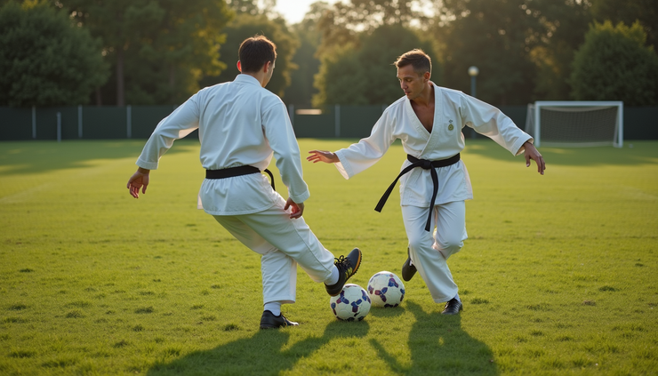 High angle view of a soccer player and karate practitioner training together on an outdoor field