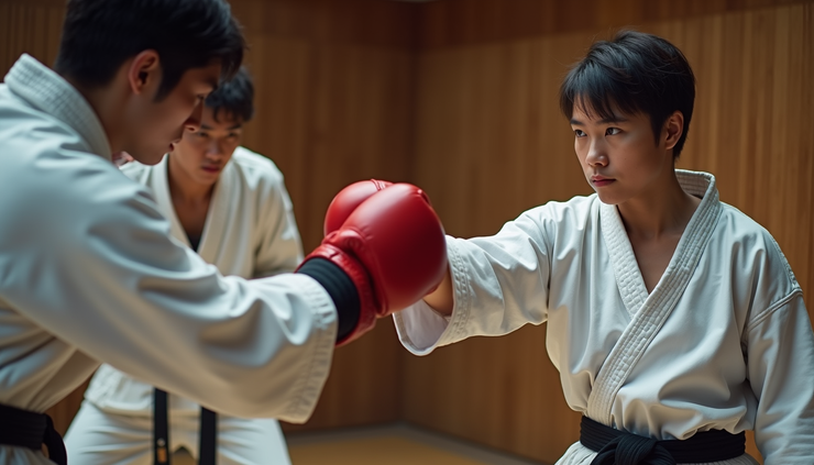 Close-up view of karateka practicing jab punch on focus mitt