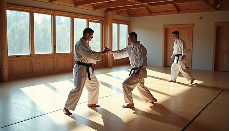High angle view of a karate class practicing kata in a bright dojo