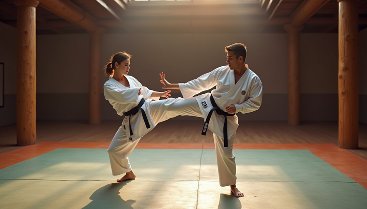 High angle view of a karate student performing a front kick during Pinan Sandon kata