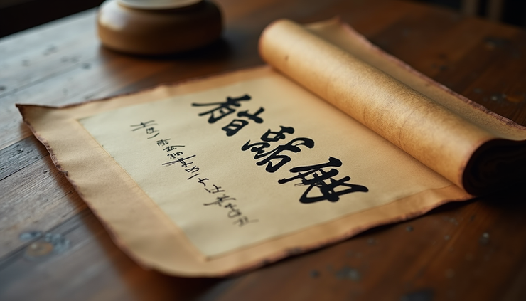Eye-level view of an ancient Japanese scroll with calligraphy