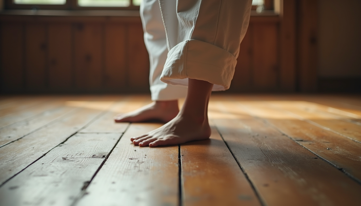Close-up view of a karateka’s feet in kiba dachi stance on dojo floor