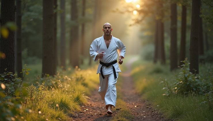 Eye-level view of a karate practitioner running on a forest trail