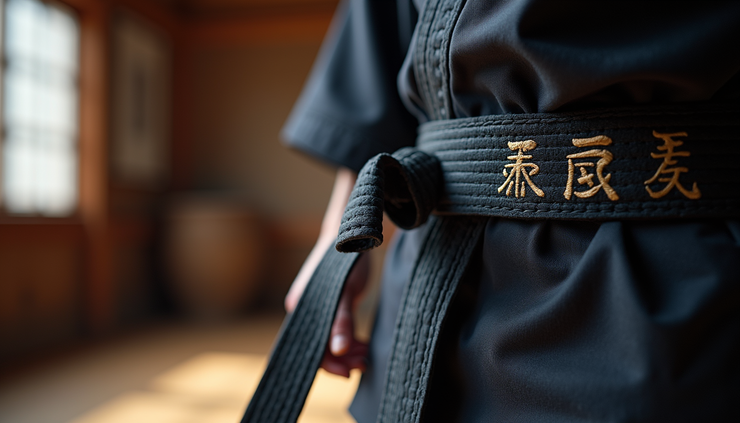 Close-up view of a black belt with embroidered kanji characters on the end