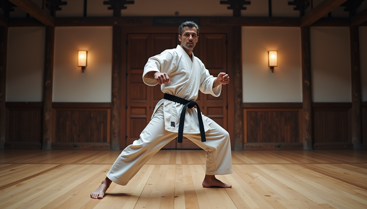 Eye-level view of a karate practitioner demonstrating front stance on dojo floor